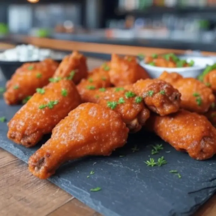 Chrupiące skrzydełka z kurczaka w sosie BBQ podane z selrem i dipem