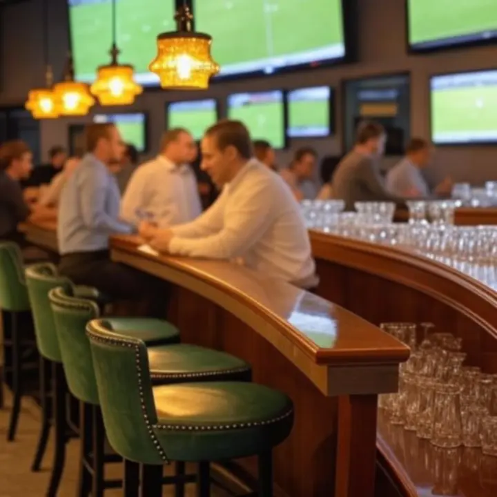 Elektryzująca atmosfera baru z leśnozielonymi skórzanymi ławkami i ciepłym bursztynowym podświetleniem podczas transmisji turniejowych