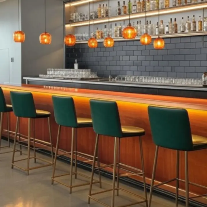 Eleganckie wnętrze baru z mahoniowym konturem, bespoke bursztynowymi lampami wiszącymi i matową czarną ścianą