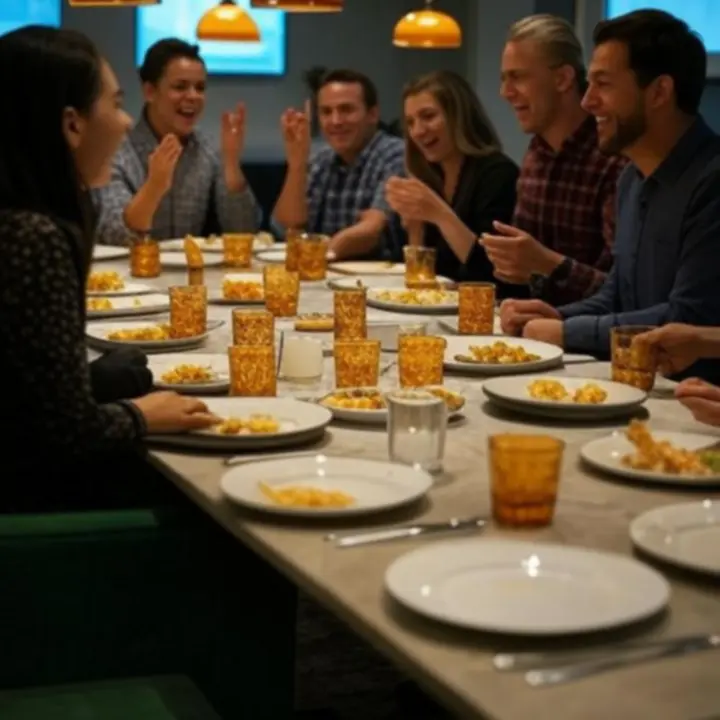 Grupa gości świętujących wspólnie podczas transmisji sportowej