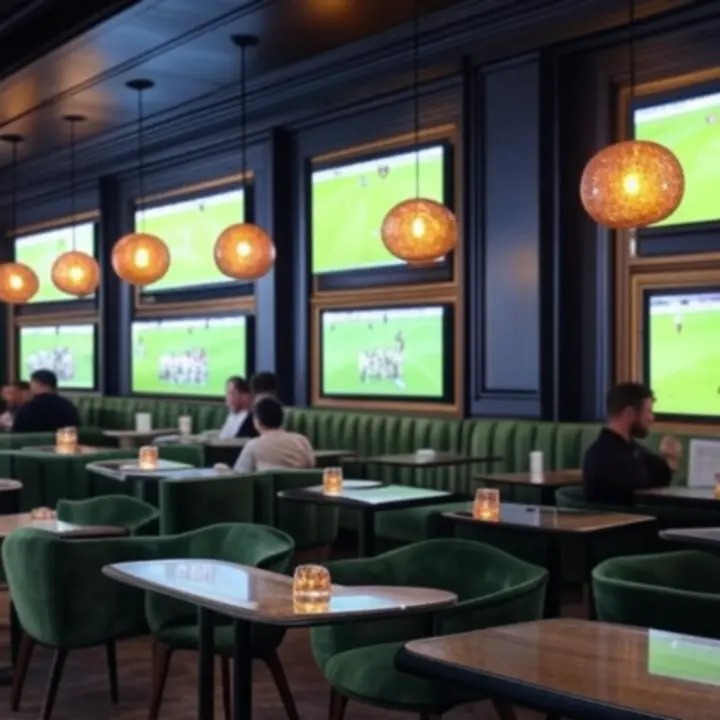 Elektryzująca atmosfera kibicowska w eleganckiej przestrzeni restauracyjnej LoftWingss z dużymi ekranami