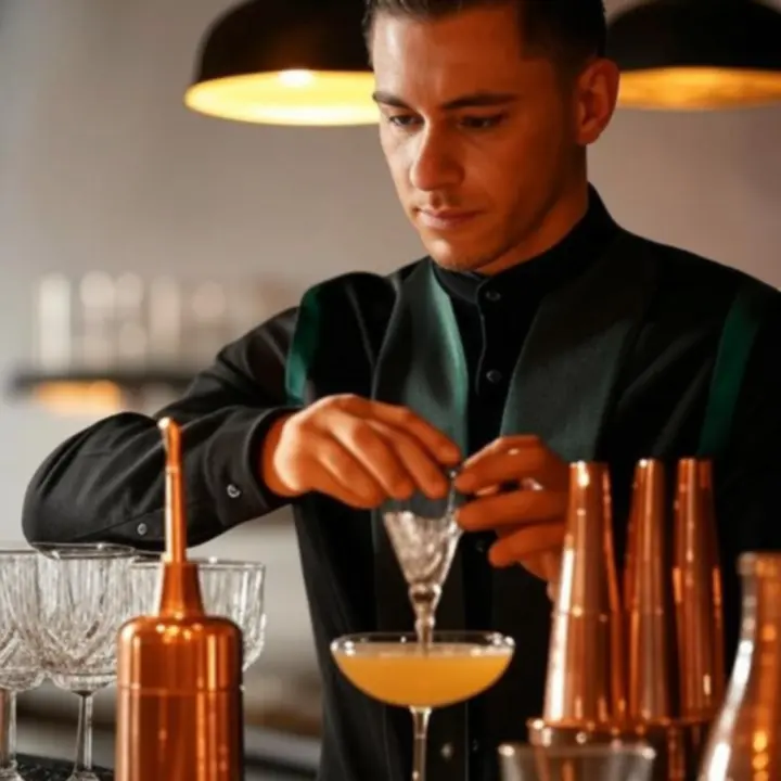 Profesjonalny barman w eleganckim czarnym stroju z akcentami w kolorze leśnej zieleni przygotowujący drinki