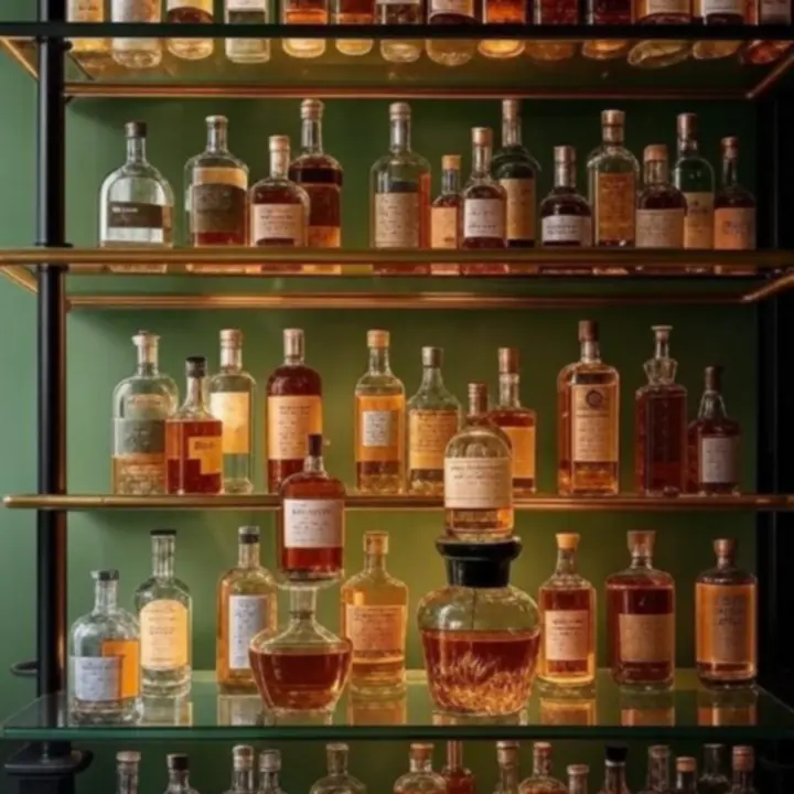 Rozległa kolekcja wysokiej jakości alkoholi wyeksponowana na podświetlonych półkach