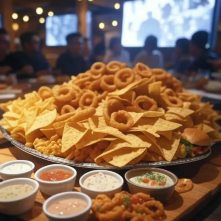 Obfita patera do dzielenia się z mieszanym grillem, warzywami i sosami na dużym drewnianym stole