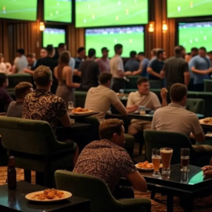 Tłum kibiców oglądających mecz na dużym ekranie w restauracji LoftWingss