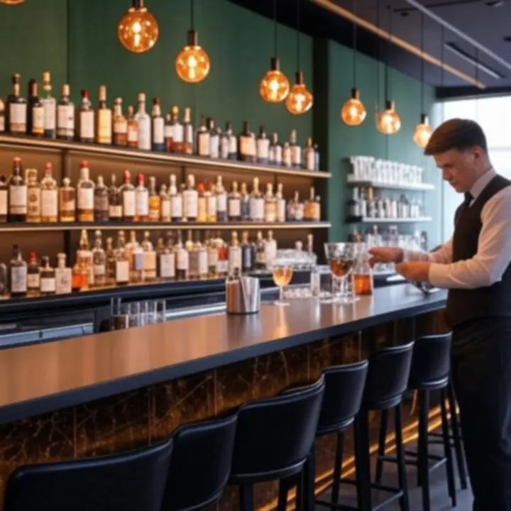 Centralny bar z podświetlanymi półkami w kolorze bursztynowym